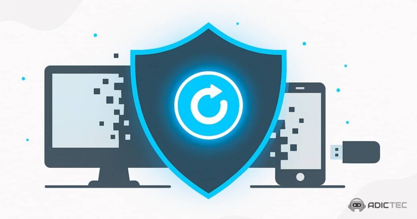 Ilustración sobre cómo recuperar archivos borrados en PC y móvil, con un escudo que simboliza la protección y restauración de datos.