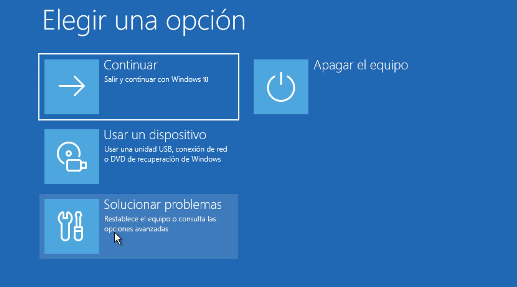 Cómo Arrancar en Modo Seguro Windows 10: Instrucciones paso a paso 7 Captura de pantalla de las opciones de inicio de Windows 10, destacando la opción "Solucionar problemas" para acceder a opciones avanzadas de recuperación del sistema.