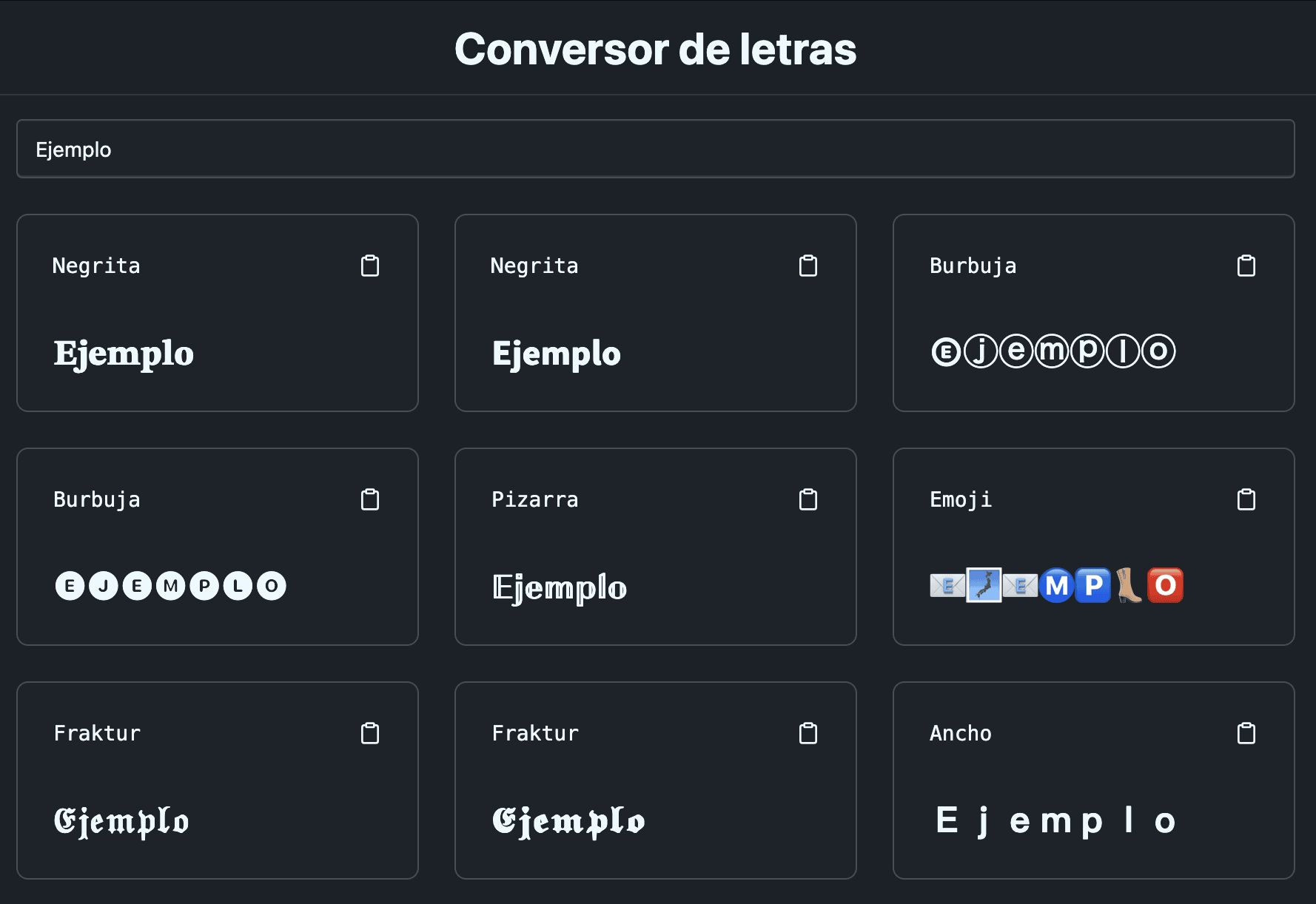 TOP 5 Mejores Generadores de Fuentes para Instagram 10 Captura de pantalla de la interfaz de un conversor de letras online, mostrando diferentes estilos tipográficos como negrita, burbuja, pizarra, fraktur y ancho.