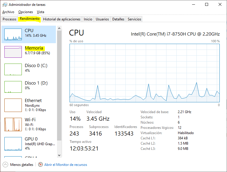 Cómo Comprobar Ranuras RAM Usadas y Vacías en Windows 10 3 Rendimiento en Administrador Tareas