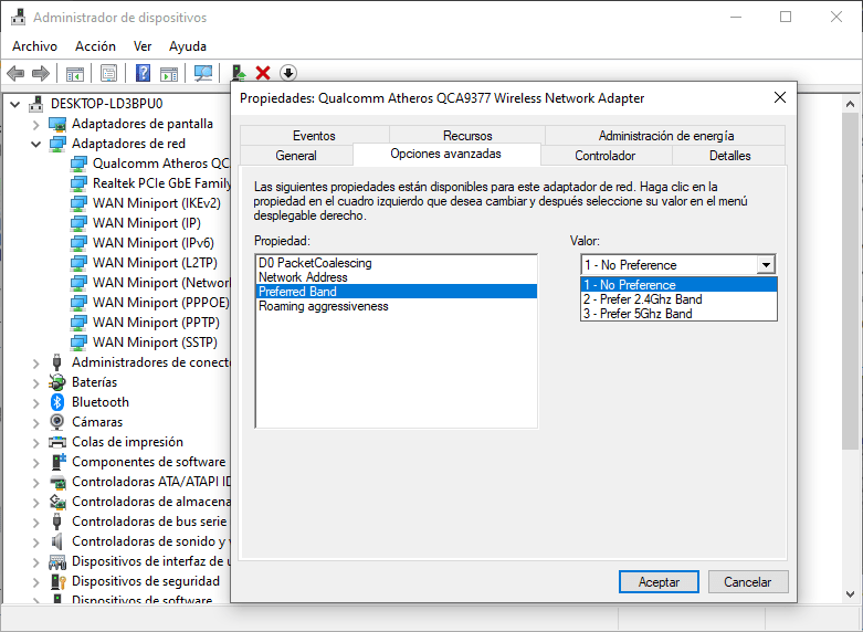Opciones Avanzadas de Adaptador Inalámbrico