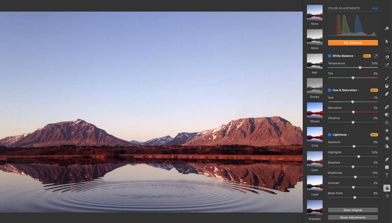 Los Mejores Editores de Fotos para MacBook Air 11 Interfaz de trabajo de Pixelmator Pro