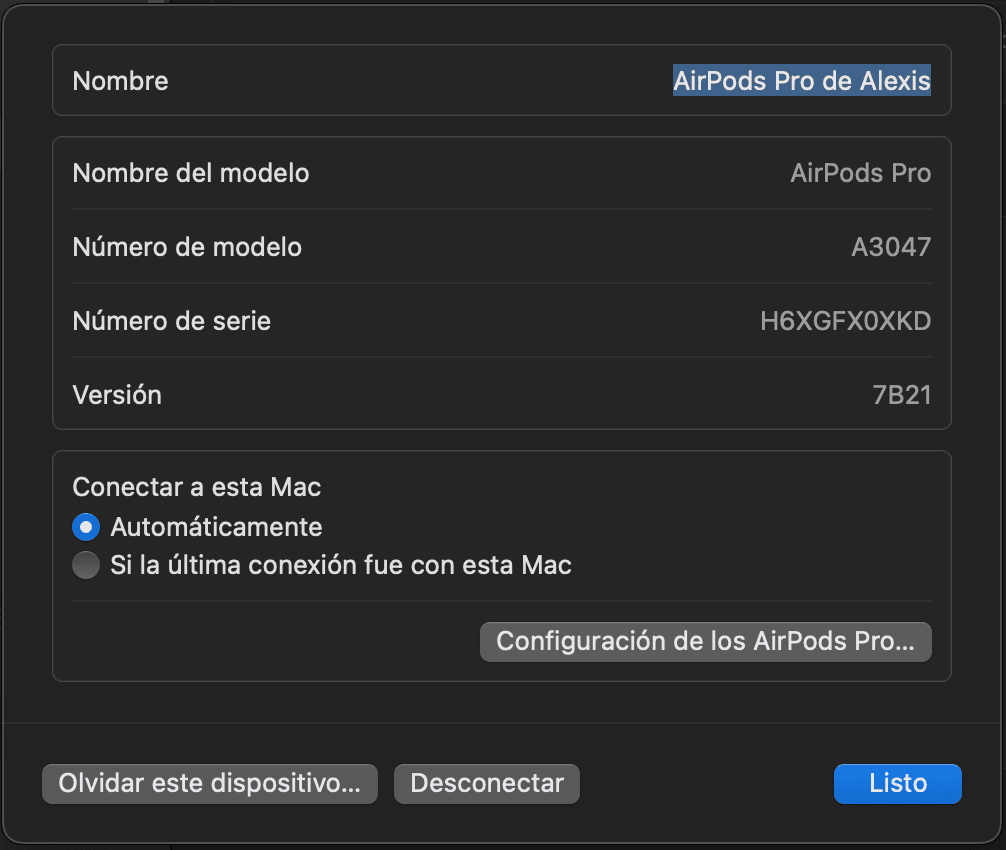 Cómo Actualizar el Firmware de tus AirPods (Guía Fácil) 4 Ventana de configuración en macOS que muestra cómo ver el número del firmware de los AirPods, junto a su modelo y número de serie.
