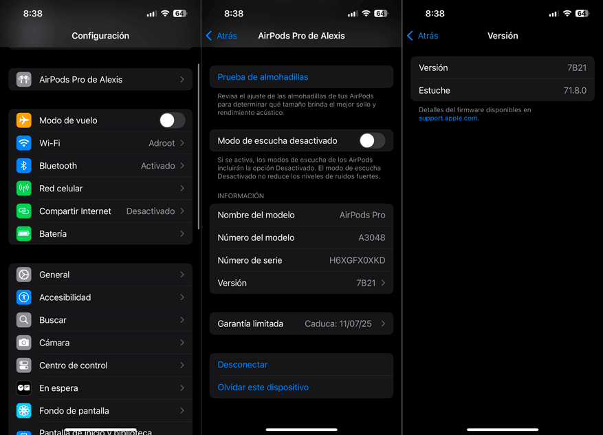 Cómo Actualizar el Firmware de tus AirPods (Guía Fácil) 2 Guía paso a paso en capturas de pantalla de iPhone para ver la versión del firmware de los AirPods desde los ajustes del sistema.