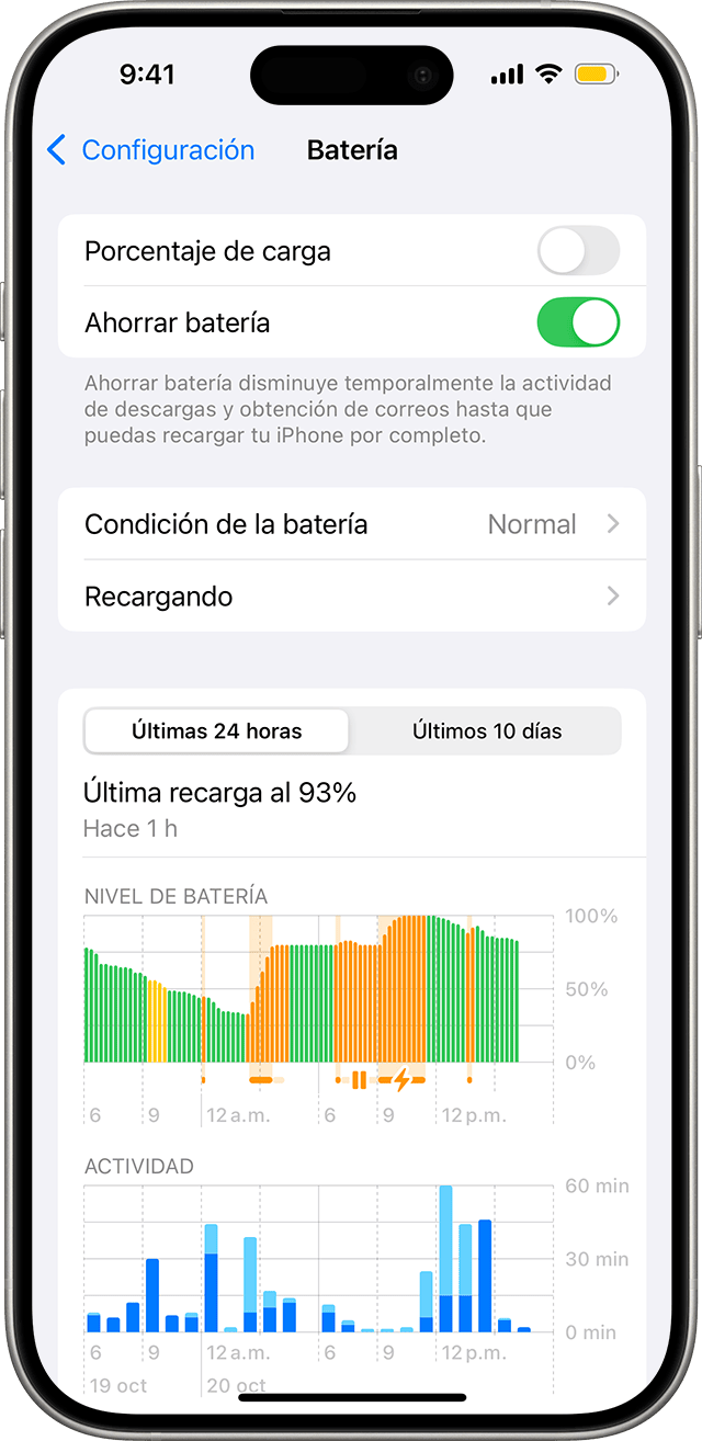 ¿Dejar el Modo de Ahorro de Batería de tu Smartphone Siempre Activado es un Error? 2 Captura de pantalla de la sección "Batería" en la configuración de un iPhone, mostrando la opción "Ahorrar batería" activada.