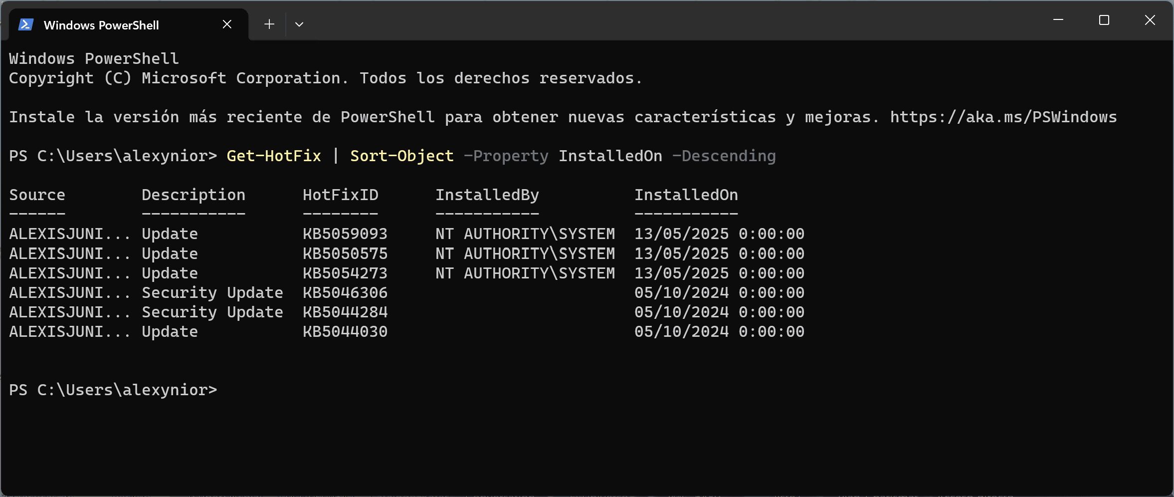 Cómo Ocultar y Bloquear una Actualización Específica de Windows 7 Captura de pantalla de una ventana de PowerShell mostrando la salida del comando que lista las actualizaciones de Windows instaladas con su ID de KB, descripción y fecha de instalación.