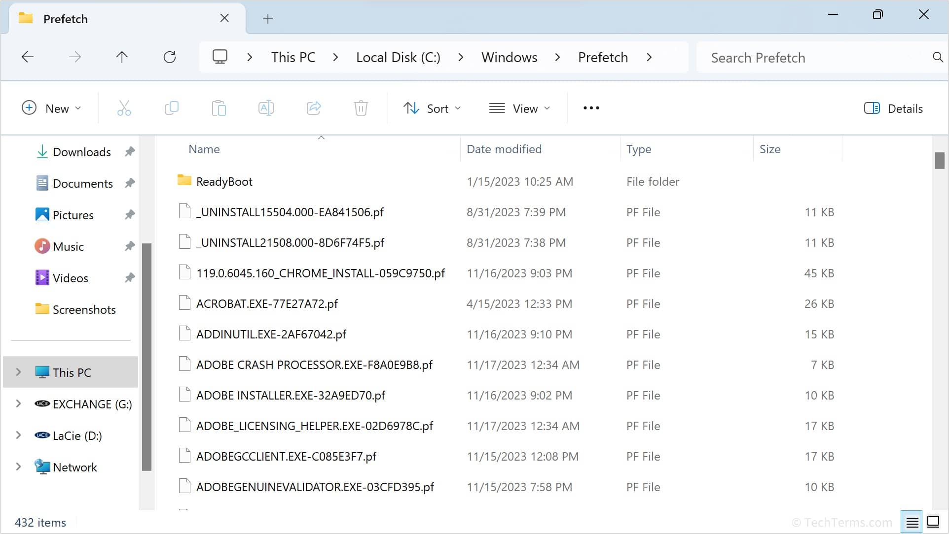 Prefetch en Windows: Información “oculta” sobre las Aplicaciones 2 Captura de pantalla que muestra el contenido de la carpeta Prefetch en Windows, listando varios archivos .pf con sus tamaños y fechas de modificación.