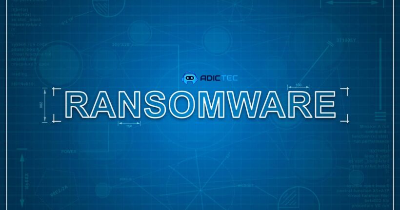 Imagen gráfica de la palabra "Ransomware" en letras blancas sobre un fondo azul de diseño técnico.