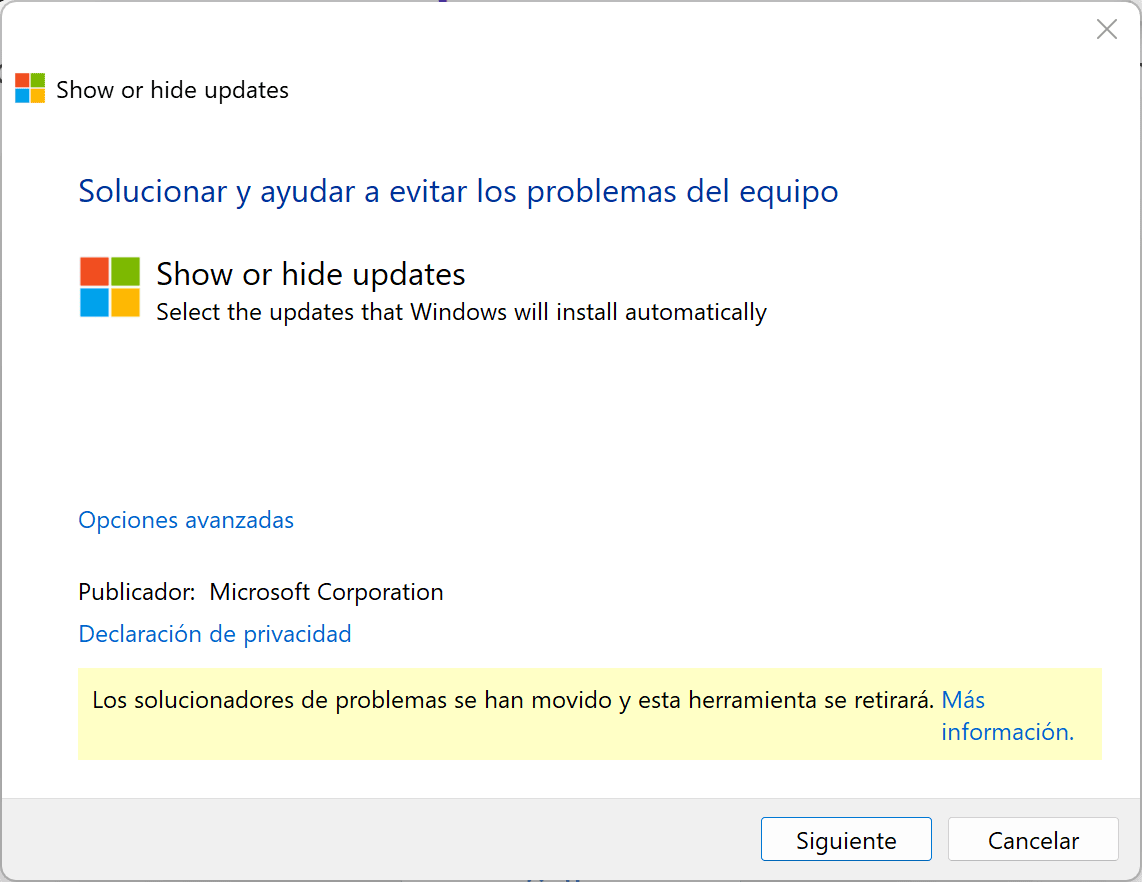 Cómo Ocultar y Bloquear una Actualización Específica de Windows 8 Captura de pantalla de la herramienta "Show or hide updates" de Windows, que permite seleccionar las actualizaciones que se instalarán automáticamente.