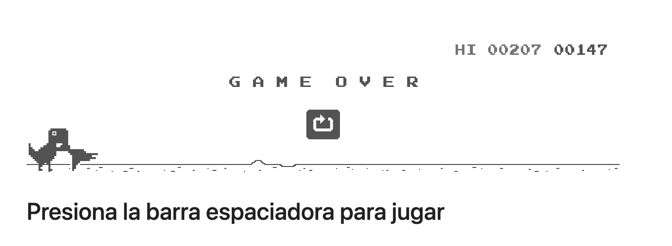 Dinosaur Game: La Historia del Dino que Salva del Aburrimiento en Tiempos Sin Internet 5 Captura de pantalla del juego del dinosaurio de Chrome mostrando la pantalla de "Game Over", con la puntuación y la indicación de presionar la barra espaciadora para jugar de nuevo.