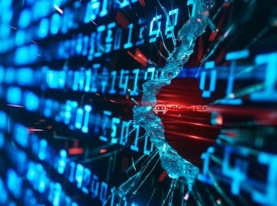 Cracking: ¿Qué es y Cómo Protegerse del Cracking Informático? 4 Una imagen abstracta muestra un código fuente digital azul fracturado, simbolizando un ataque de cracking informático.