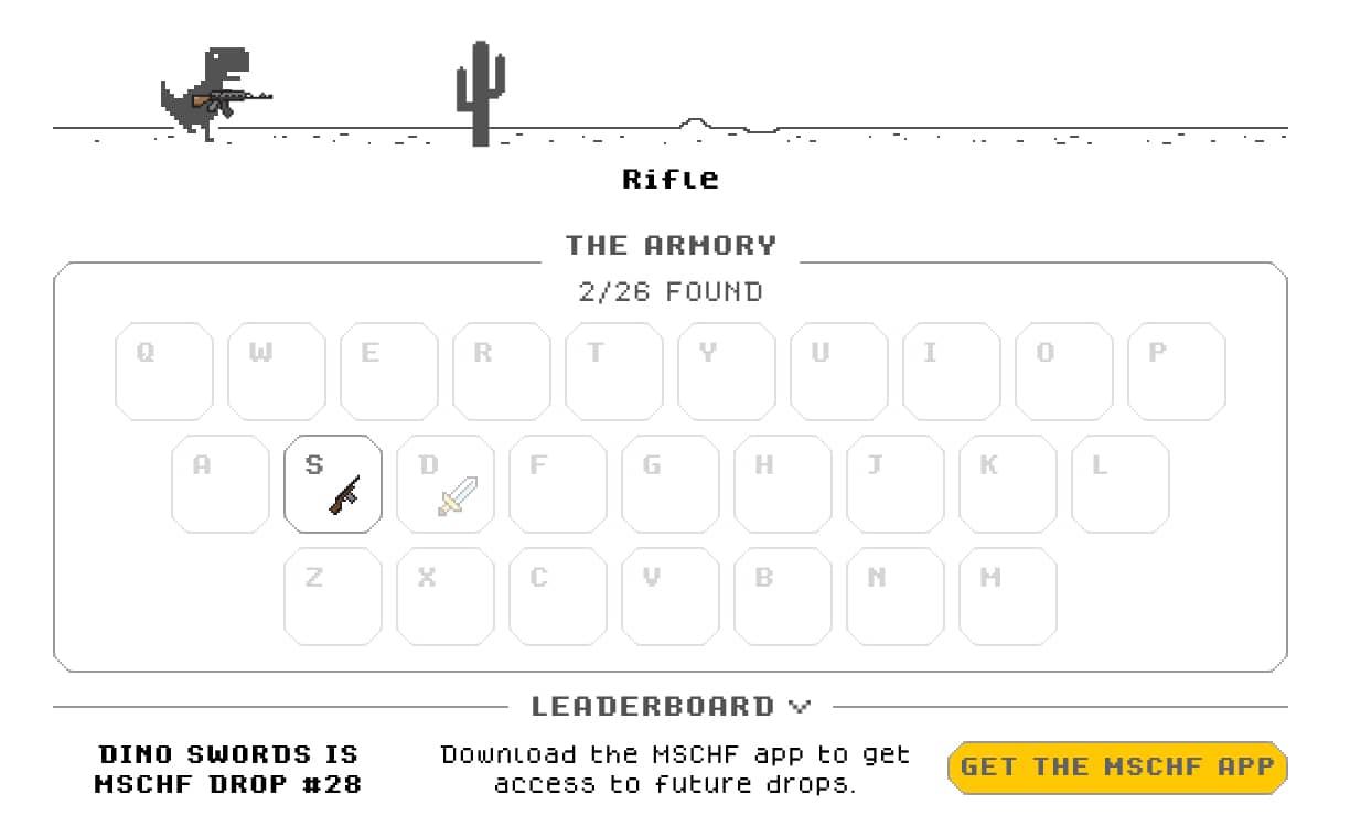 Dinosaur Game: La Historia del Dino que Salva del Aburrimiento en Tiempos Sin Internet 6 Captura de pantalla del juego Dino Swords mostrando al dinosaurio con un rifle, la sección del arsenal y un teclado para seleccionar armas.