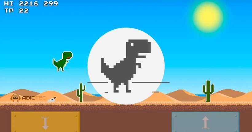 El dinosaurio del juego de Chrome saltando sobre un cactus en un paisaje desértico.