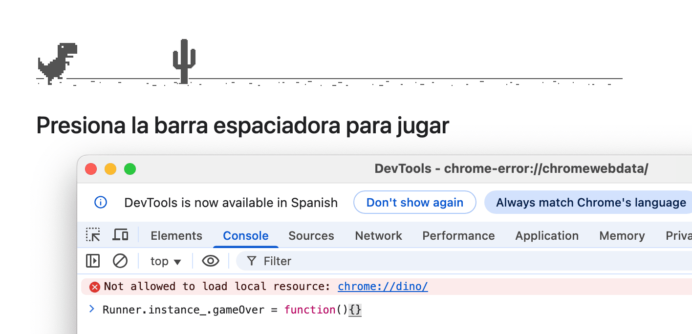 Dinosaur Game: La Historia del Dino que Salva del Aburrimiento en Tiempos Sin Internet 7 Captura de pantalla que muestra el juego del dinosaurio de Chrome y las herramientas del desarrollador de Chrome con código JavaScript para desactivar la función gameOver.