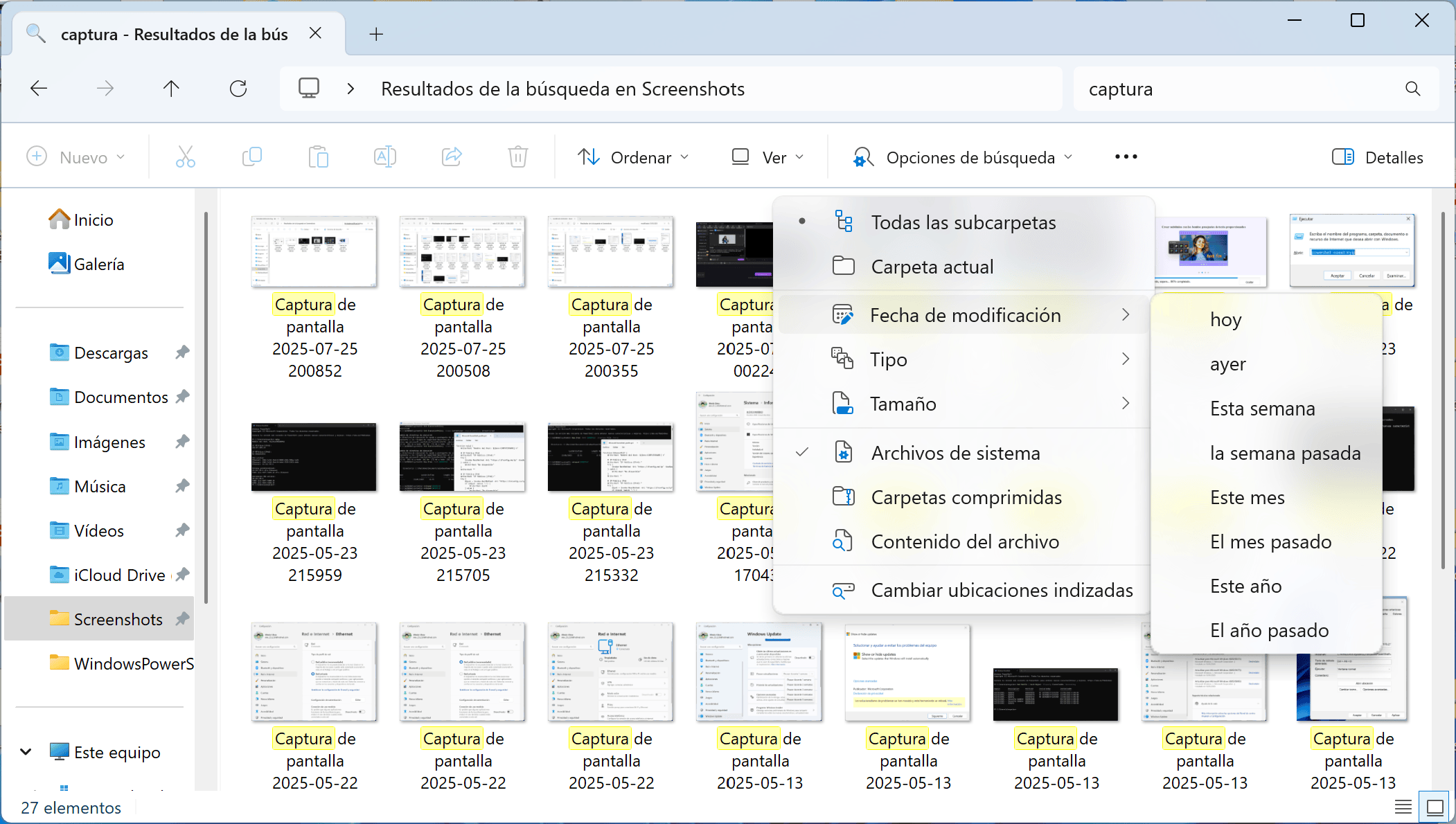 Captura de pantalla del Explorador de archivos de Windows 11 mostrando el menú desplegable de "Opciones de búsqueda" con el filtro de fecha expandido, ofreciendo opciones como "hoy", "ayer", "esta semana", etc. 