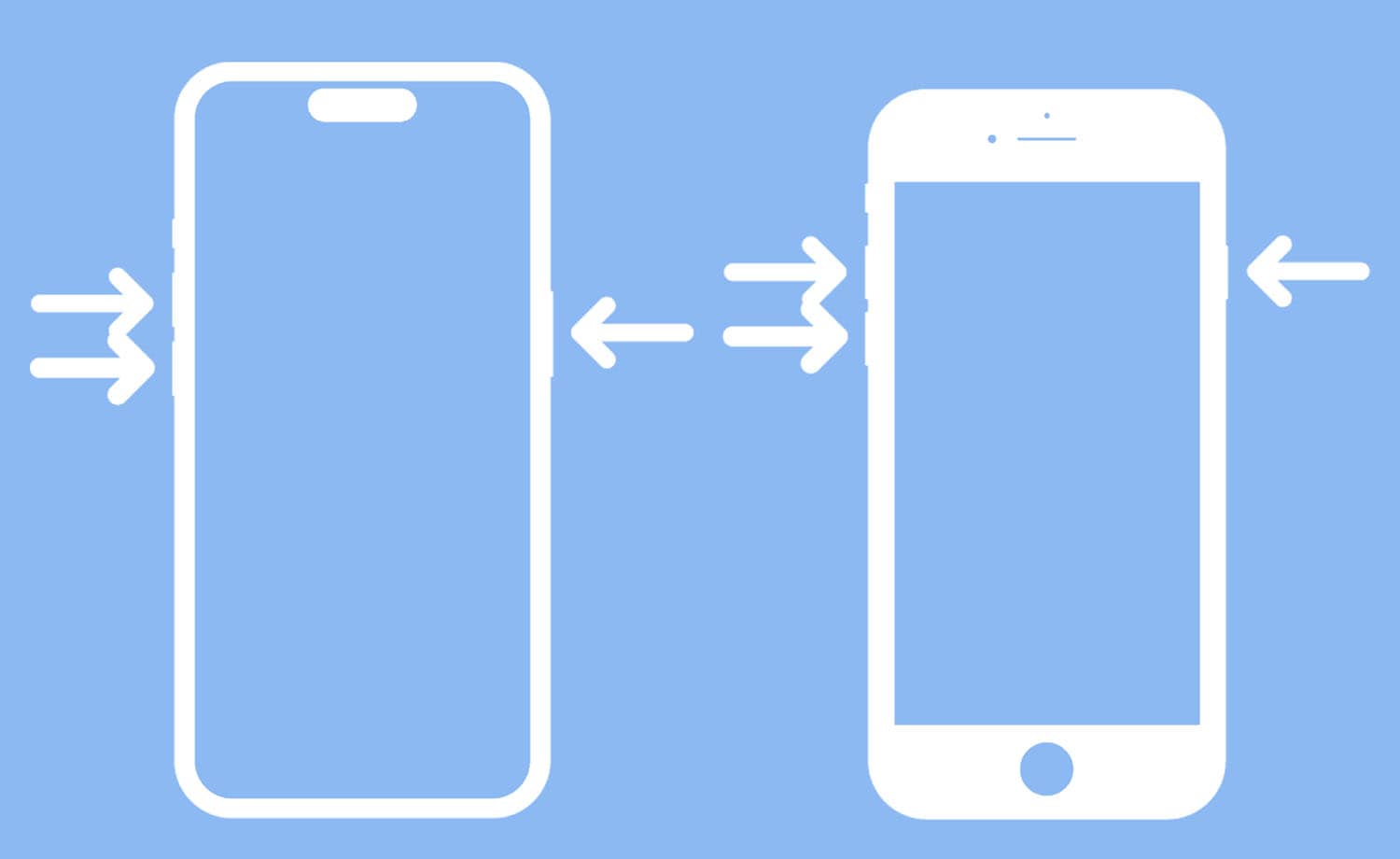 Cómo Apagar el iPhone sin tocar la Pantalla: Modelos con Touch ID y Face ID 11 Ilustración simplificada de dos modelos de iPhone, mostrando indicaciones para un "hard reset".