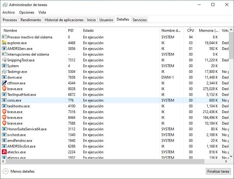 Captura de pantalla de la pestaña "Detalles" del Administrador de tareas de Windows, mostrando una lista exhaustiva de todos los procesos en ejecución, sus PID, estado, nombre de usuario, uso de CPU y memoria.