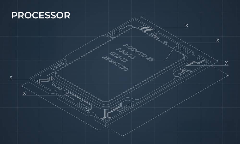 Top 100 Mejores SoC (Procesadores) para Smartphones en 2025 5 Diagrama técnico isométrico de un procesador de un smartphone o SoC (System-on-a-Chip), mostrando sus componentes principales y dimensiones.