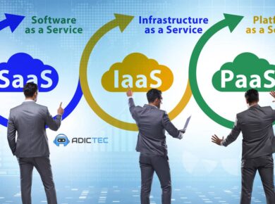 Diferencias entre IaaS, PaaS y SaaS: Guía Completa en la Nube 21 Tres hombres de negocios interactúan con una pantalla que muestra los modelos de nube IaaS, PaaS y SaaS, destacando sus diferencias.