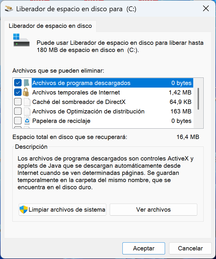 Ventana del Liberador de espacio en disco de Windows, mostrando archivos que se pueden eliminar para acelerar el ordenador.