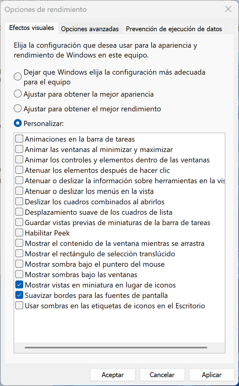 Ventana de "Opciones de rendimiento" en Windows, mostrando configuraciones para efectos visuales y ajustes para acelerar el ordenador.