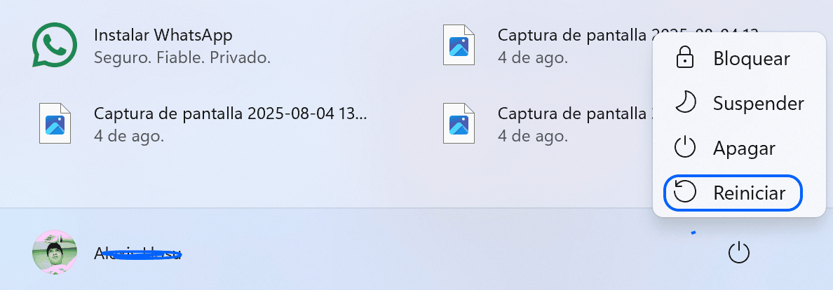 Menú de apagado de Windows con la opción "Reiniciar" resaltada, mostrando una acción para acelerar el ordenador.