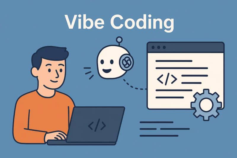 Vibe Coding: ¿Qué es y cómo lo ven los profesionales de TI y los empleadores? 4 Ilustración de una persona usando un ordenador portátil con un robot asistente, representando el concepto de Vibe Coding, una forma de programar más fluida e intuitiva.