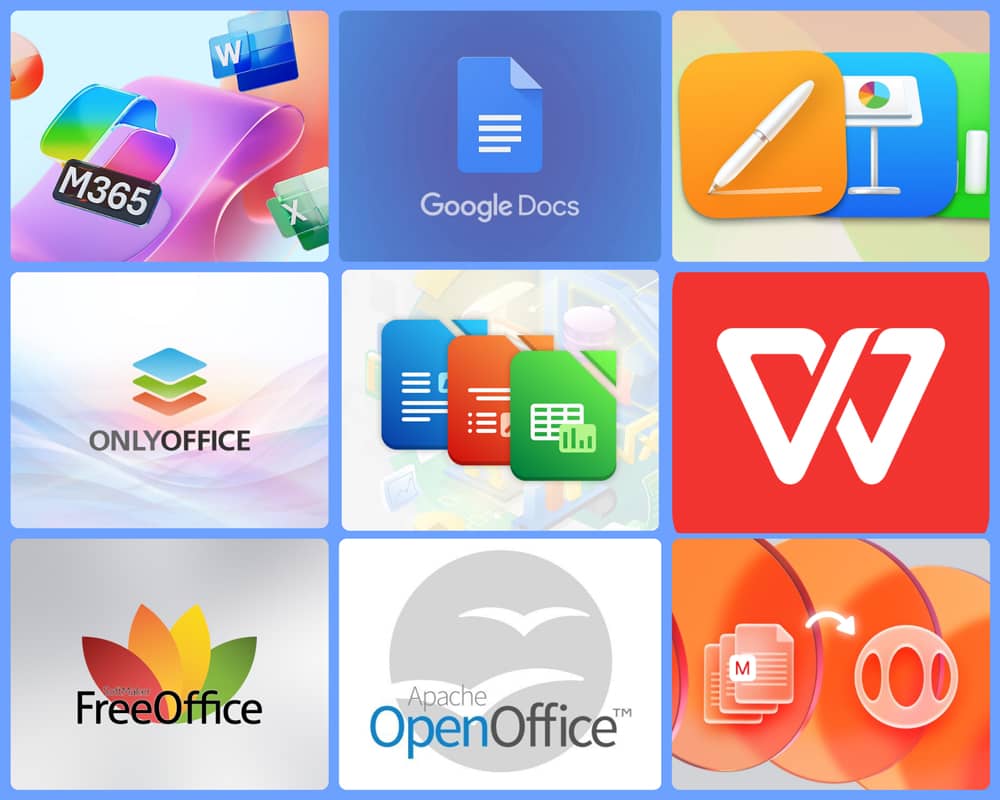 9 Mejores Alternativas a Word Gratis (y a Office) 7 Infografía que resume las mejores alternativas a Microsoft Word y Office, mostrando logos de Google Docs, OpenOffice y más.
