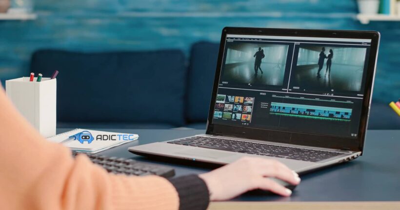 Primer plano de una de las mejores laptops para edición de vídeo, con un software profesional de postproducción abierto.