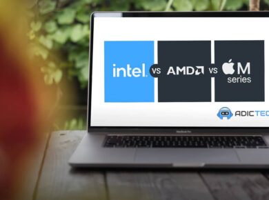 Portátil en una mesa de madera mostrando una comparativa de procesadores para portátil Intel vs AMD vs Apple M series.